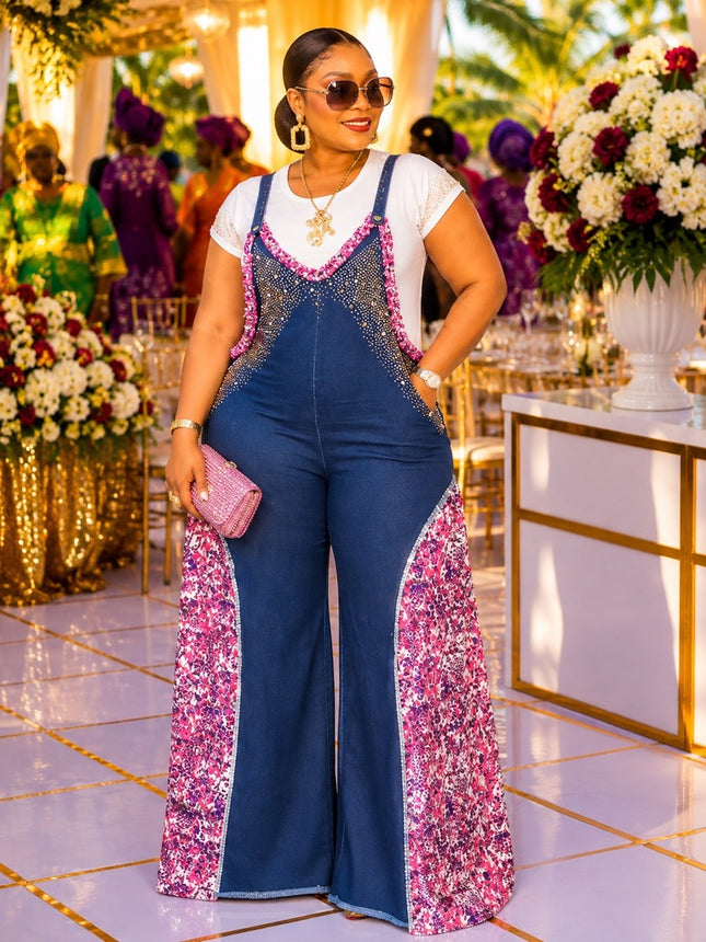 "Too Glam To Handle" Curvy Pink Denim & Diamonds T-Shirt & Wide Leg Jumpsuit 2-Piece Rhinestone Stretch Jeans Set Ladies Night Dinner Weekend Get-Together Birthday Party Dressy Outfit
