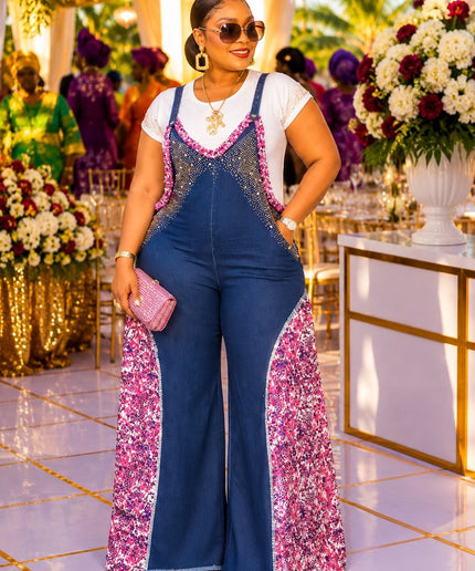 "Too Glam To Handle" Curvy Denim & Diamonds T-Shirt & Wide Leg Jumpsuit 2-Piece Rhinestone Stretch Jeans Set Ladies Night Dinner Weekend Get-Together Birthday Party Dressy Outfit