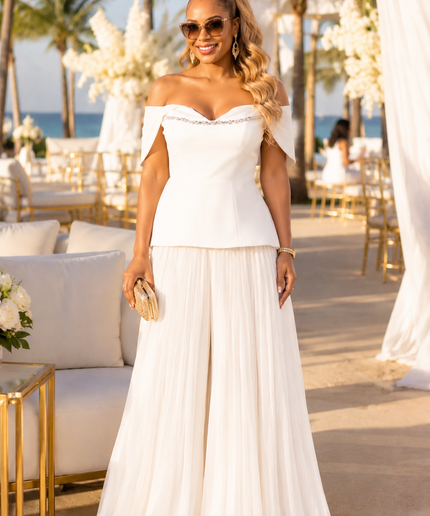 Turn Heads White Off-The-Shoulder Crystal-Embellished Pleated Wide-Leg Jumpsuit