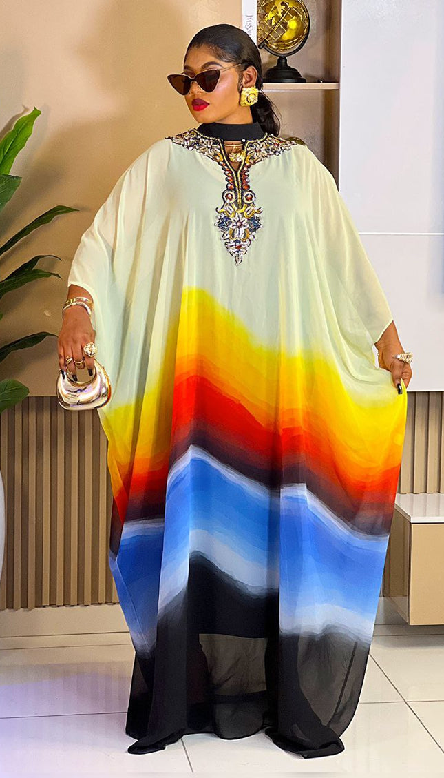 Yellow Bead-Embellished Neckline Kaftan Maxi Dress African Boubou Wedding Guest Attire Mother of The Groom Party Outfit