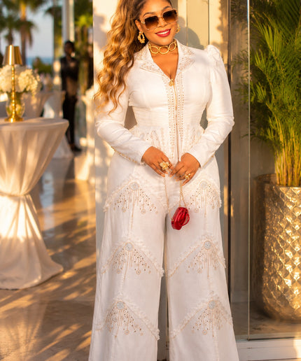 Black Denim & Diamonds 2-Piece Party Outfit, Cotton Rhinestone Bling Curvy Plus Size Stretch Jeans Peplum Top & Wide-Leg Pants Set, Birthday Photoshoot Weekend Get-Together Cocktail Dinner