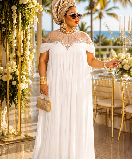 Brown Embellished Cold-Shoulder Kaftan Dress, African Bubu Wedding Guest Attire Celebrant Birthday Cocktail Reception  Dinner Formal Evening Gown