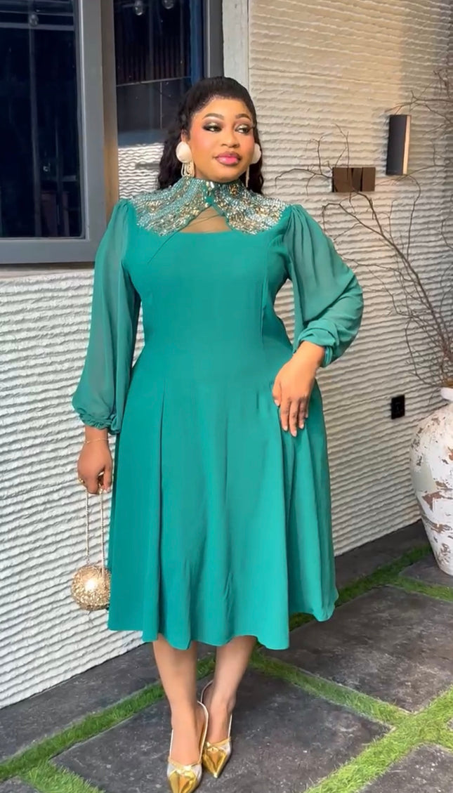 Green Rhinestone-Neckline Embellished Twirl Skater Dress: Wedding Guest Outfit Birthday Cocktail Dinner Party