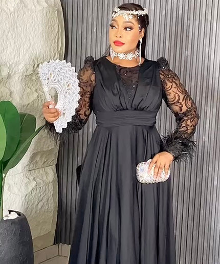 Sequin Feather Detail Sleeve Evening Gown