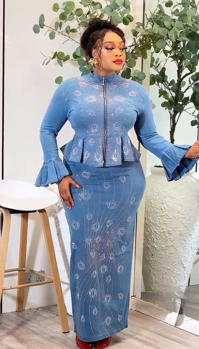 Sexy Denim & Diamonds 2-Piece Set, Rhinestone-Embellished Peplum Top and Skirt Stretch Jeans for Birthday Party Dinner Outfit