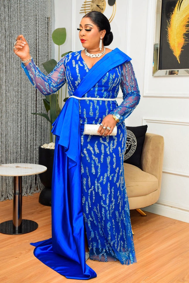 Plus Size Blue Embellished Slit Maxi Gown Mother of The Bride Dress Wedding Guest Birthday Cocktail Anniversary Dinner Photoshoot