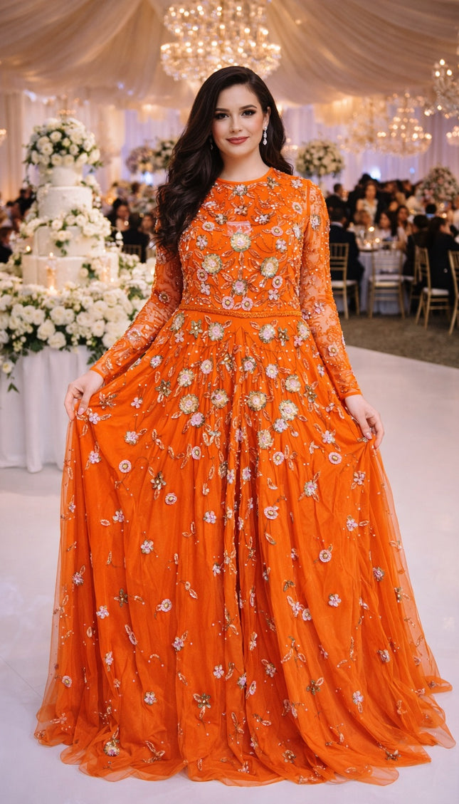 Statement Red Embellished Long Sleeve A-Line Gown: Mother of The Bride or Groom Birthday Party Celebrant Photoshoot Wedding Guest