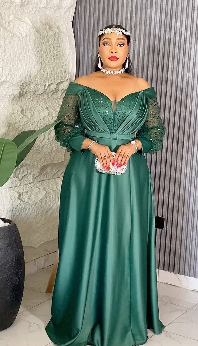 Off-The-Shoulder Sequin A-Line Gown | Party Birthday Bridal Graduation Mother of The Bride Wedding Guest