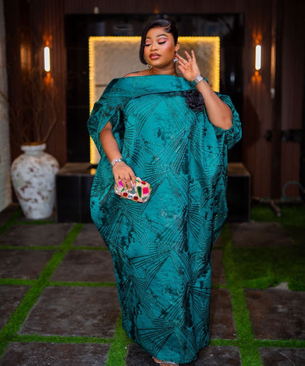Green Off-The-Shoulder Brocade Kaftan Dress with Detachable 3D Flower