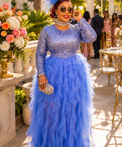 "The Compliment Collector" Red Sequin Wedding Guest Dress with Ruffle Tulle Overlay Formal Cocktail Party Mother of The Bride Celebrant Special Occasion Gown