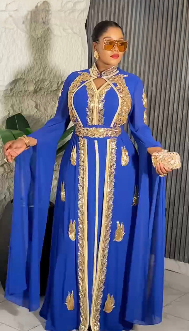 White Gold Embellished Kaftan with Draped Sleeves, Wedding Guest Dress, Plus Size Mother of The Bride Gown, Engagement Anniversary Cocktail Party Evening Wear