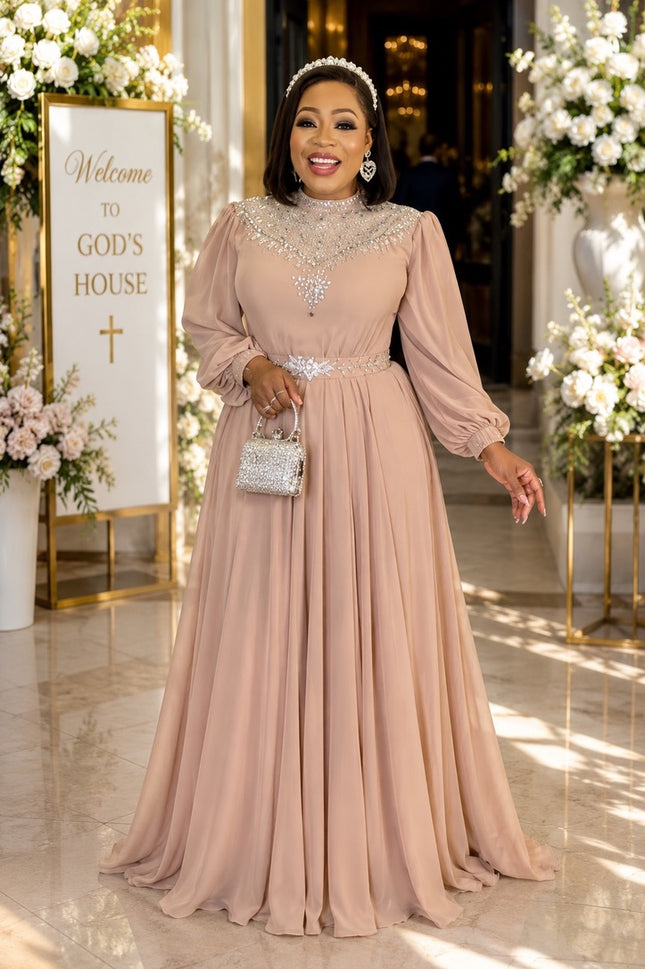 Taupe Rhinestone Embellished Maxi Dress for Wedding Cocktail Reception Birthday Turkish Formal Evening Gown