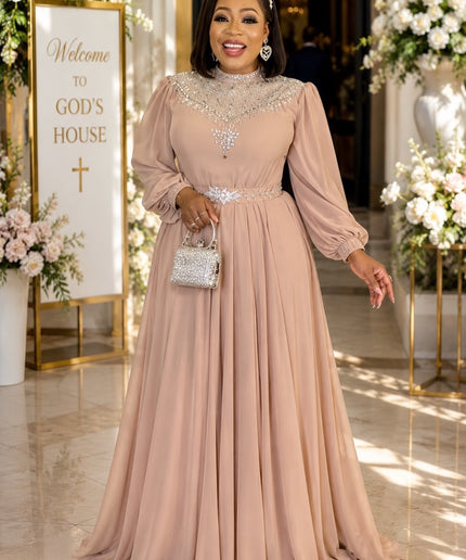 Taupe Rhinestone Embellished Maxi Dress for Wedding Cocktail Reception Birthday Turkish Formal Evening Gown