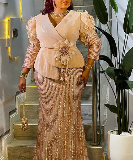 Blue Embellished Ruffle Sleeve Peplum Sequin Maxi Dress