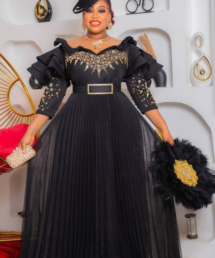 Ruffle Sleeve Embellished Pleated A-line Gown