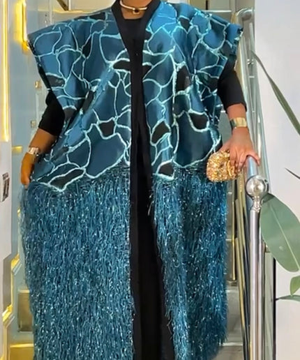Metallic Green Feathered Brocade Kaftan Dress 2-Piece Set for Wedding Guest Engagement Ceremony Mother of The Bride