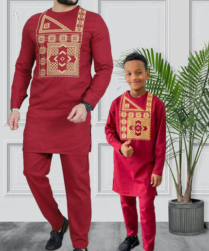 White Father and Son Matching Outfits African Embroidered Shirt Pants | 5 Colors