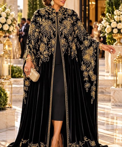 Luxury Black & Gold Beaded Embroidery Velvet Kaftan Cape Dress 2-Piece Set for Holiday Cocktail Party Wedding Guest Birthday Dinner Church Gala Formal Caftan Gown Plus Size