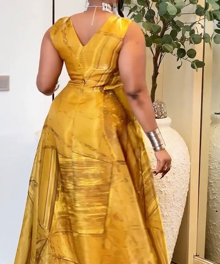 Fabulous Gold V-Neck Sleeveless Skater Maxi Dress for Summer Wedding Guest Mother of The Bride Gala Birthday Party Outfit