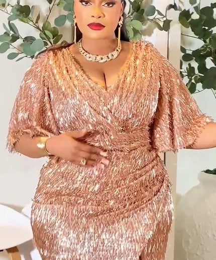 Gold Sequin Fringe Maxi Dress with Slit for Wedding Guest Birthday Party Mother of The Bride Photoshoot