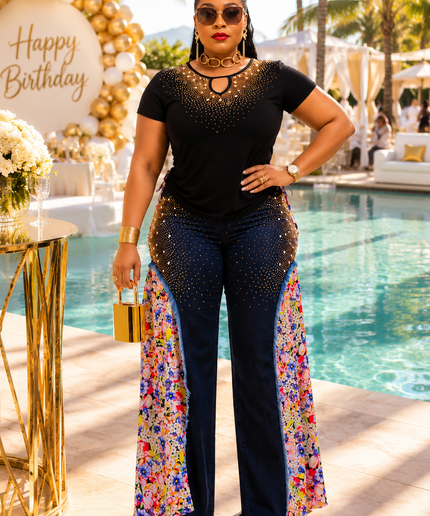 Colorful Black Denim & Diamonds 2-Piece Wide-Leg Pants Set, Crystal Rhinestone Bling Matching Stretch Jeans, Birthday Photos Party Dance Grad BBQ Concert Weekend Get-Together Outfit
