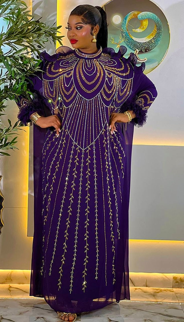 Sparkly Purple Rhinestone Ruffle Sleeve Kaftan African Bubu Gown for Wedding Engagement Naming Ceremony Birthday Party Dress