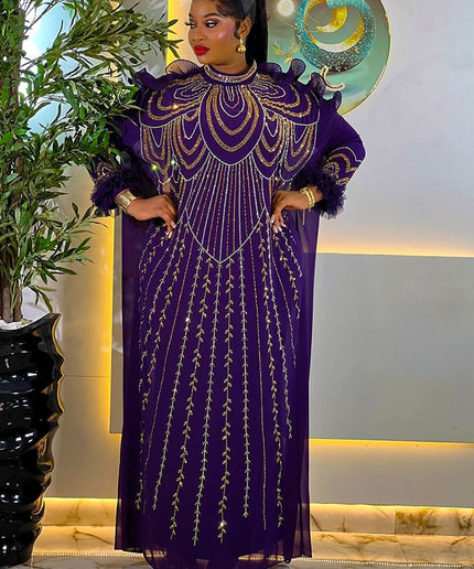 Sparkly Purple Rhinestone Ruffle Sleeve Kaftan African Bubu Gown for Wedding Engagement Naming Ceremony Birthday Party Dress