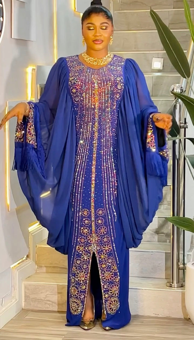 Kaftan Tasseled Dress with Rhinestones, African Bubu Wedding Guest Attire Abaya Mother of The Bride Outfit