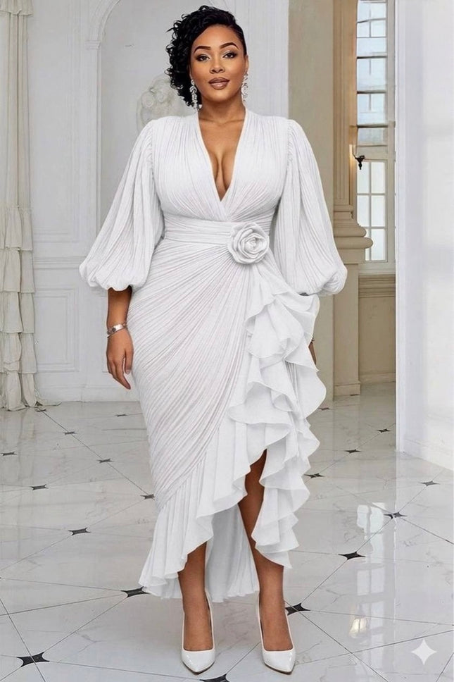 White Dramatic Ruffle Pleated Midi Dress: Summer Wedding Guest Birthday Photoshoot Cocktail Tea Party Reception Formal Evening Dinner