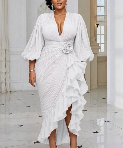 White Dramatic Ruffle Pleated Midi Dress: Summer Wedding Guest Birthday Photoshoot Cocktail Tea Party Reception Formal Evening Dinner