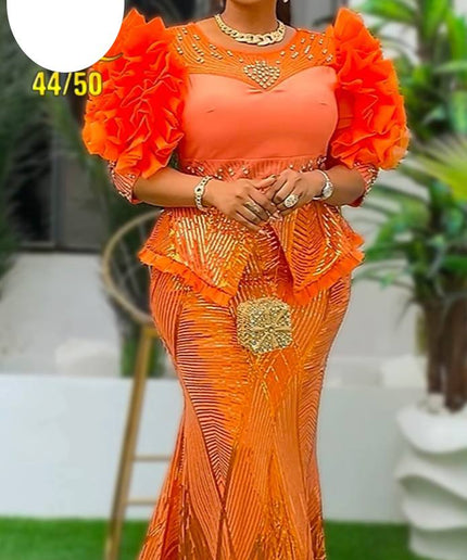 Dramatic Ruffle Sleeve White Sequin Maxi Dress | Mother of The Bride Wedding Party Birthday Gala
