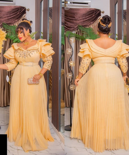 Ruffle Sleeve Embellished Pleated A-line Gown