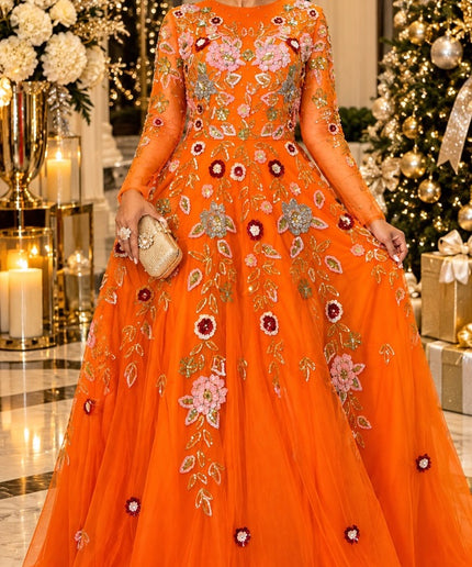 "Holiday Party Fashion" Red Hand-Stitched Floral Sequins, Crystals & Beaded Embellishments A-Line Gown for Bridal Evening Reception Dress