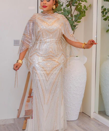 Gold Sequin Embellished Cape Sleeve Maxi Dress for Mother of The Bride Wedding Guest