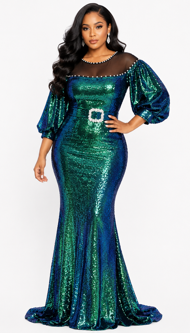 Elegant Green Sequin Embellished Maxi Dress for Wedding Guest Birthday Party Cocktail Formal Evening Gown