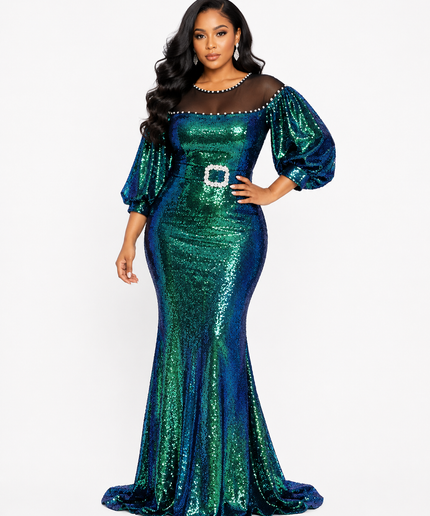 Elegant Green Sequin Embellished Maxi Dress for Wedding Guest Birthday Party Cocktail Formal Evening Gown