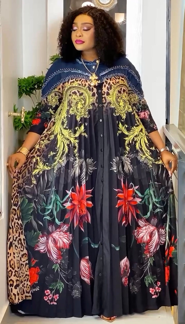 Luxury Denim & Diamonds Pleated Maxi Dress Plus Size