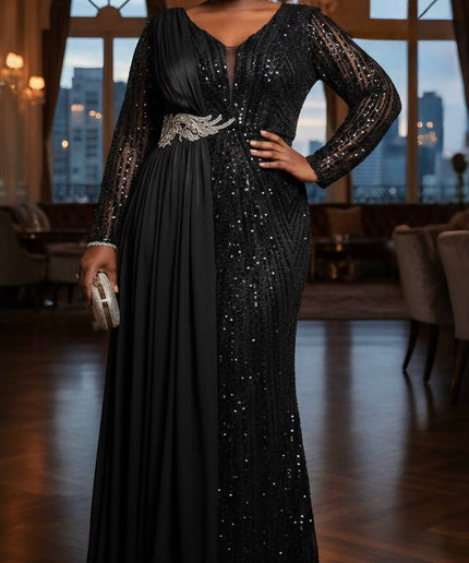 Black Sequin Embellished Side-Draped Party Dress: Mother of The Bride Photoshoot Cocktail Dinner Evening Gown
