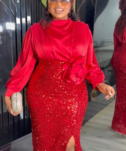 Purple Sequin Wedding Guest Dress Slit Sleeve, Plus Size Evening Wear Mother of The Bride, Cocktail Anniversary Party Birthday