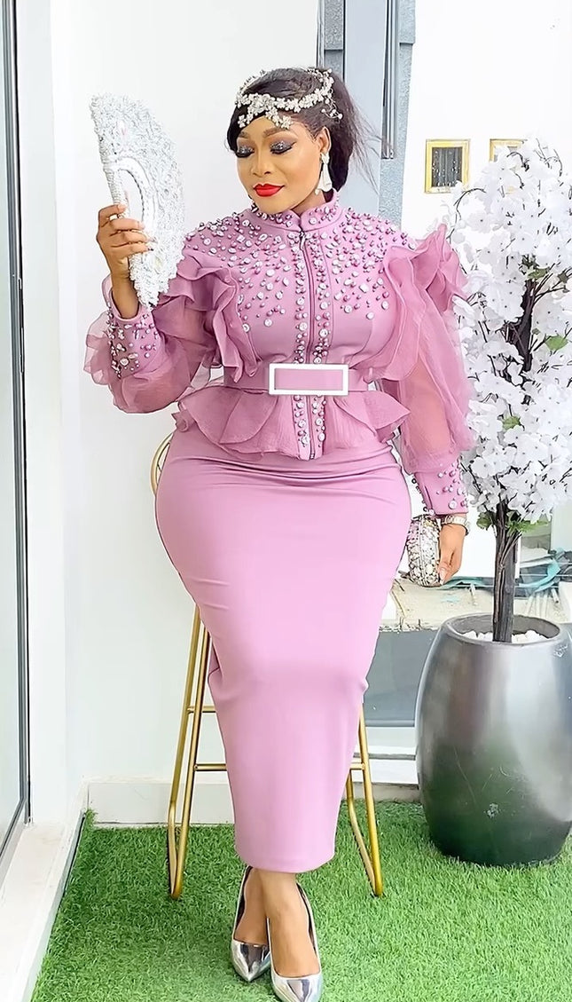 Fancy Ruffled Sleeve Embellished Top and Skirt | Wedding Guest Graduation Birthday Party