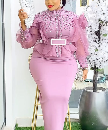 Fancy Ruffled Sleeve Embellished Top and Skirt | Wedding Guest Graduation Birthday Party