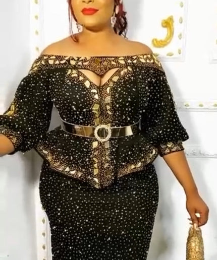 Off-The-Shoulder Embellished Wedding Guest Outfit 2 Piece Peplum Blouse and Skirt, Mother of The Bride Dress Plus Size Birthday Party Gala Cocktail Anniversary