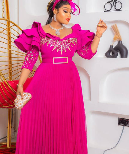 Ruffle Sleeve Embellished Pleated A-line Gown