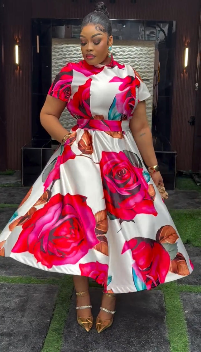 Pink Floral Skater Midi A-Line Dress for Cocktail Party Birthday Wedding Guest Dinner Reception Photoshoot