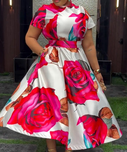 Pink Floral Skater Midi A-Line Dress for Cocktail Party Birthday Wedding Guest Dinner Reception Photoshoot