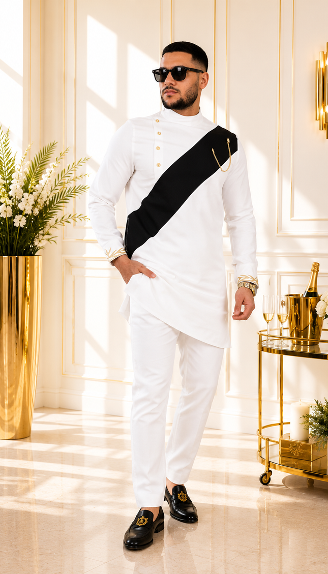 African Men's White Embroidered 2-Piece Outfit, Cotton Long Sleeve Mandarin Collar Shirt & Pants: Wedding Guest Groom Groomsmen Graduation Church Anniversary Birthday Party Buba & Sokoto Attire