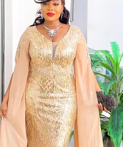 Cape Sleeve Gold Sequin Cocktail Mermaid Dress, Wedding Guest Maxi Dress, Plus Size Mother of The Bride Gown, Party Birthday Dinner Celebrant Worthy