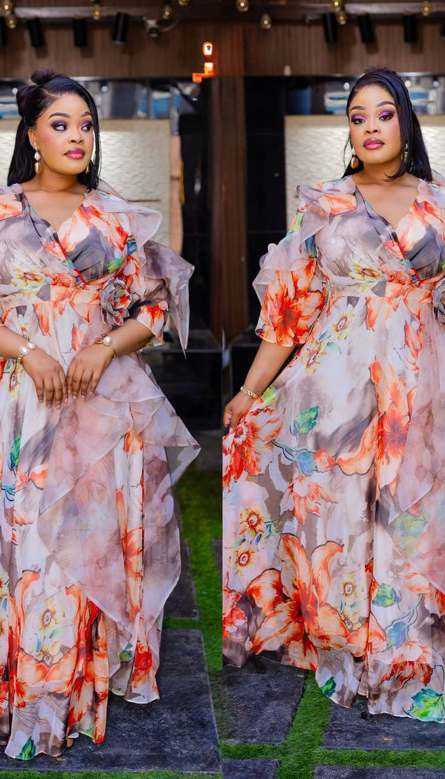 Orange Floral Ruffle 3D Flower Twirl Maxi Dress: Wedding Guest Birthday Cocktail Party