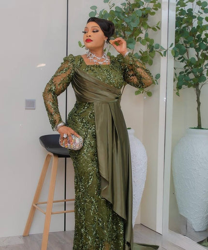 Mint Embellished Power Shoulder Ruched Drape Maxi Dress