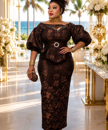 Purple Brocade Off-The-Shoulder Rhinestone Peplum Top & Skirt Set  - Wedding Guest Birthday Celebrant Cocktail Reception Mother of The Bride Outfit
